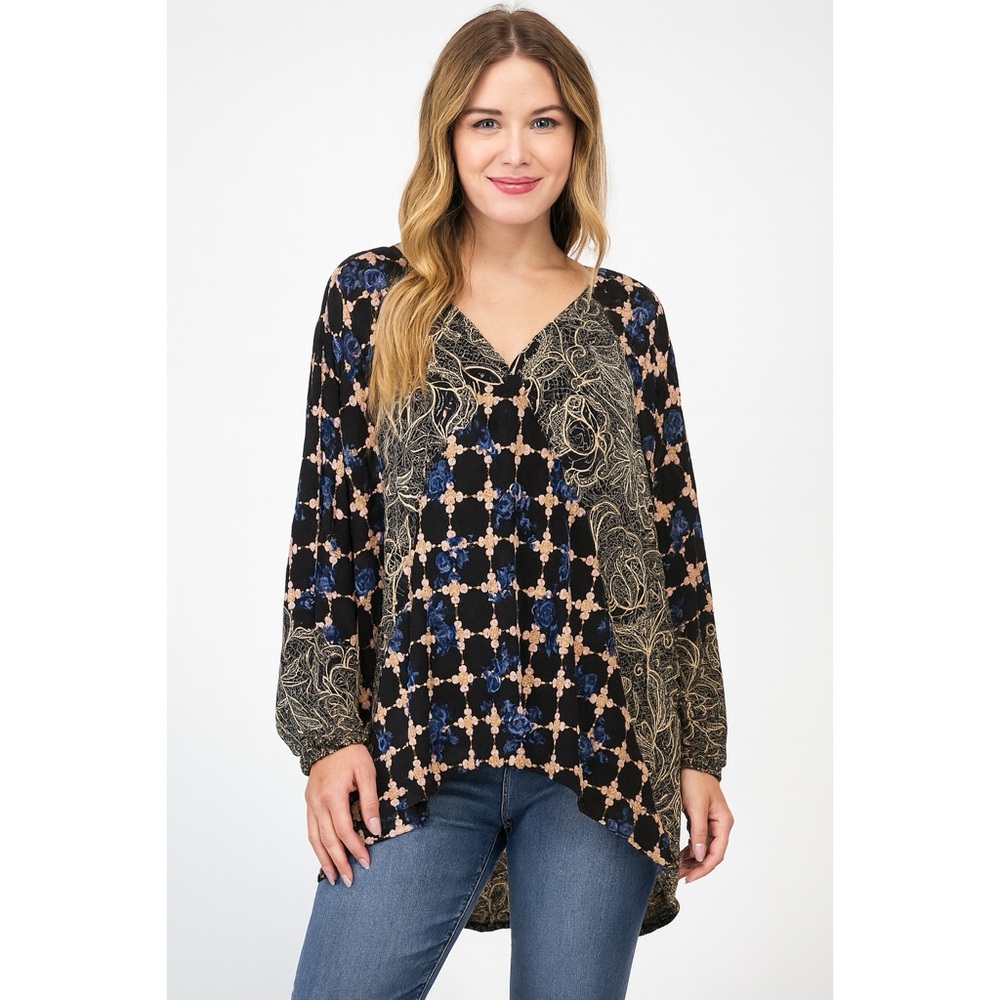 entro | Anthro UO Moody Floral Abstract Lace Pattern Floaty Boho Tunic Blouse